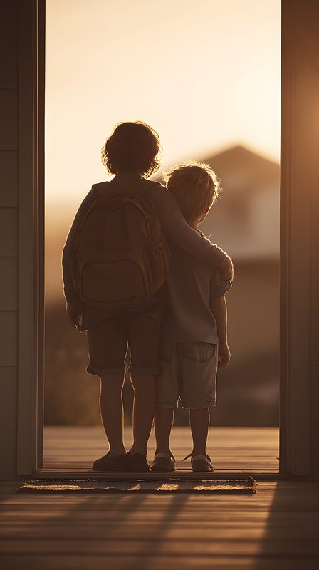 Boys stand together at sunset looking out from a doorway Free Premium Stock Photo - stock photo