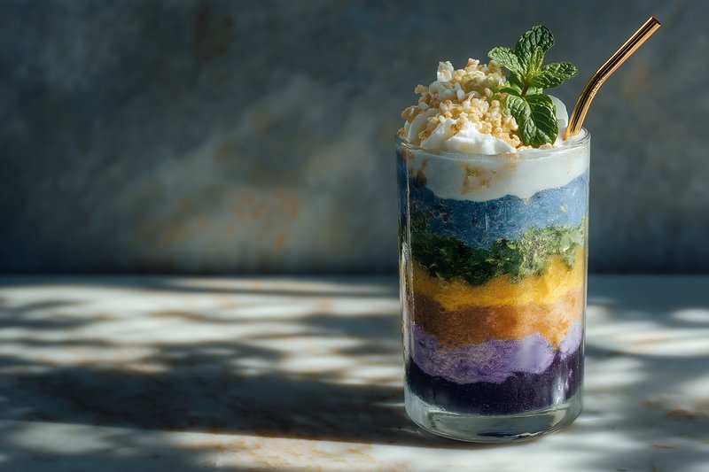 Colorful dessert served in a glass with mint and straw Free Premium Stock Photo - stock photo