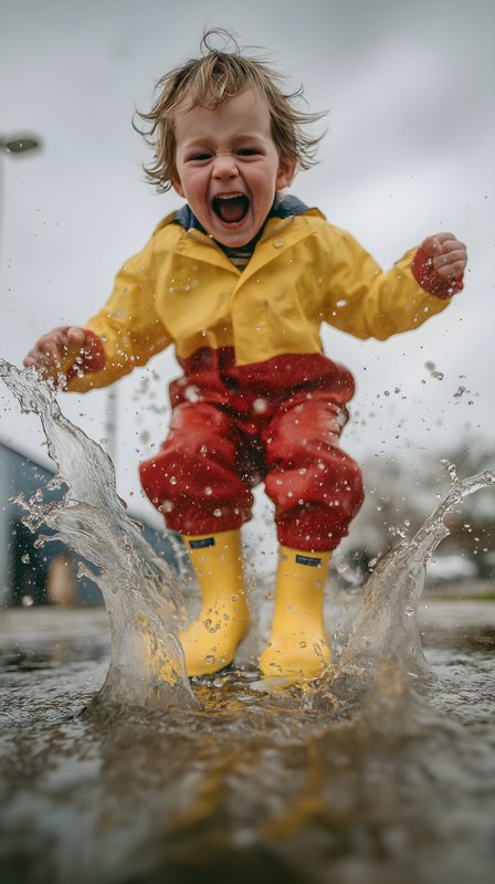 Child jumps and splashes in puddles on a rainy day Free Premium Stock Photo - stock photo