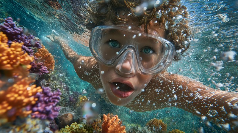 Child swims underwater among coral reefs and colorful fish Free Premium Stock Photo - stock photo