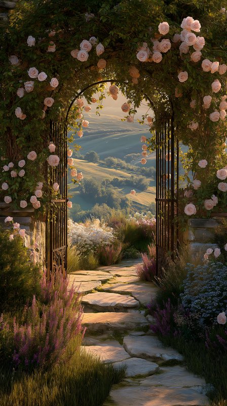 Garden gate opens to a view of rolling hills and flowers Free Premium Stock Photo - stock photo