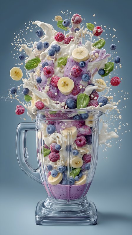 Fruit smoothie bursts from blender with colorful toppings Free Premium Stock Photo - stock photo