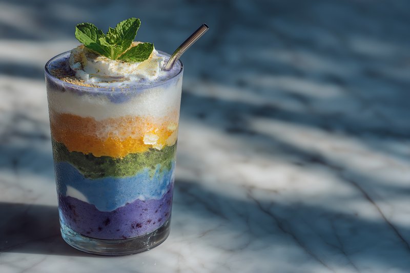 Colorful layered drink served in glass on marble table Free Premium Stock Image - stock photo