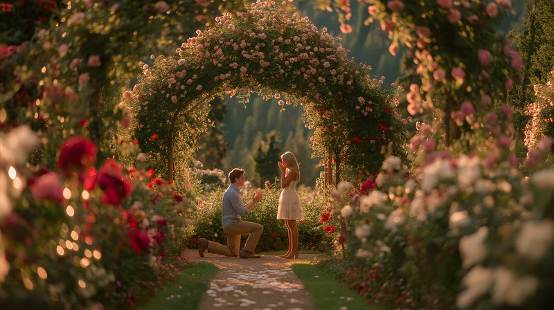 Couple shares a moment during a proposal in a rose garden Free Premium Stock Photo - stock photo