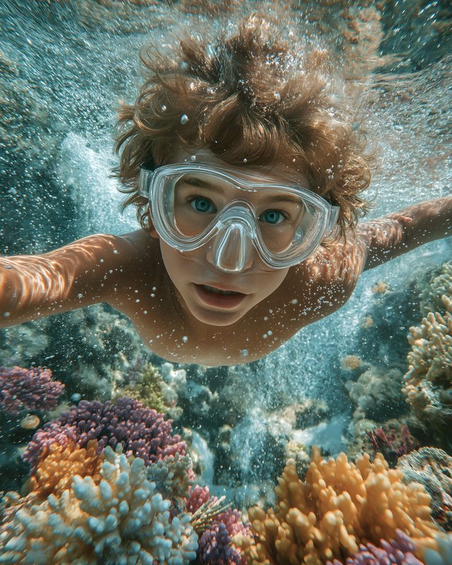 Child explores underwater coral reef while snorkeling near coast Free Premium Stock Image - stock photo
