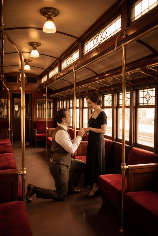 Couple shares an engagement moment on a vintage train - stock photo