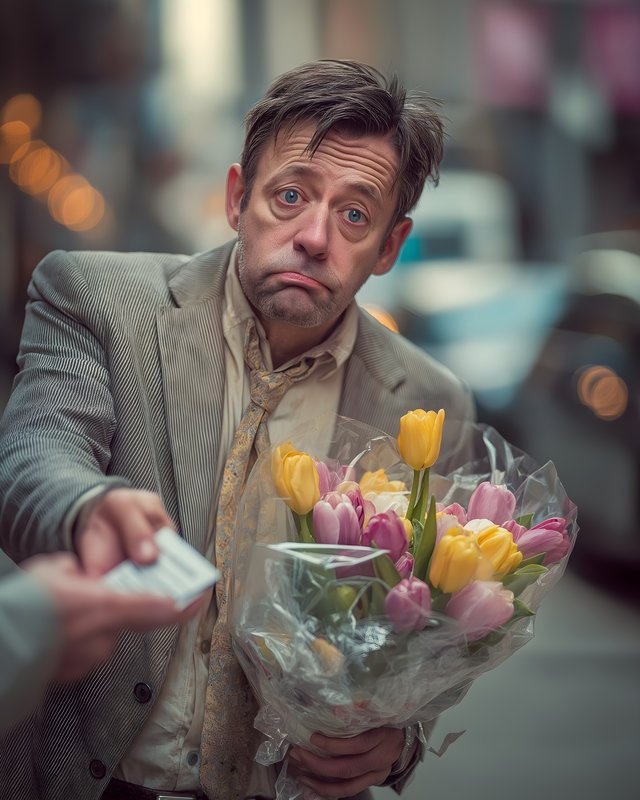 Man gives flowers in city street with a sad expression Free Premium Stock Image - stock photo