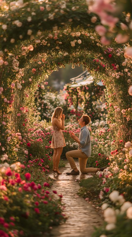 Couple has proposal in a flower garden in the evening light Free Premium Stock Photo - stock photo