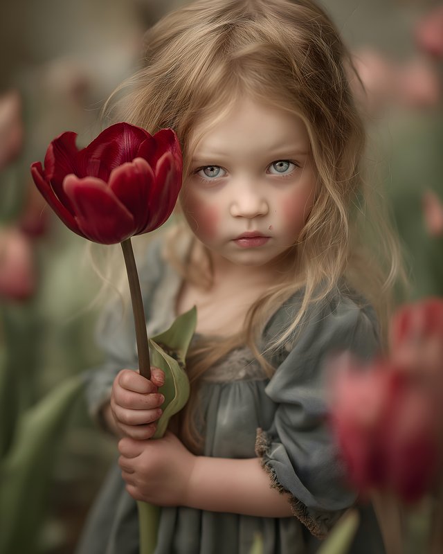 Girl holds red tulip in a flower field during spring Free Premium Stock Photo - stock photo