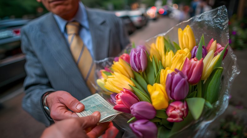 Man buys flowers on a busy street in the afternoon Free Premium Stock Photo - stock photo