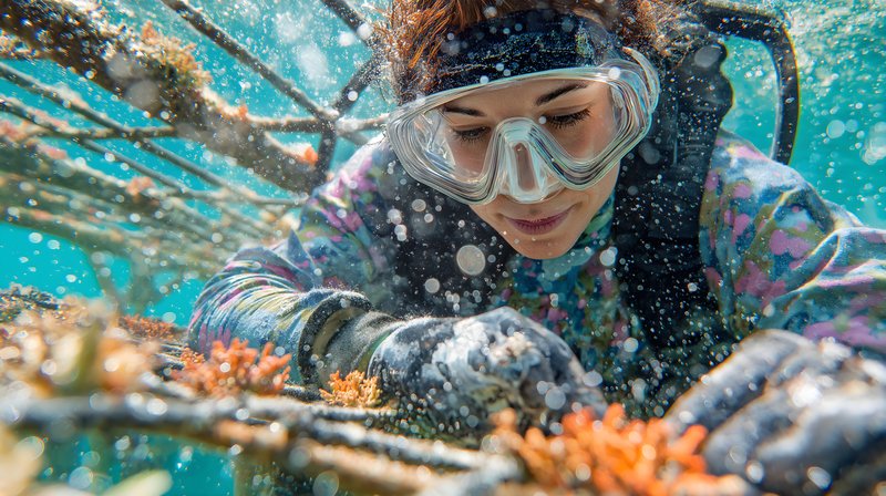 Diving in water to restore coral reefs in tropical region Free Premium Stock Image - stock photo