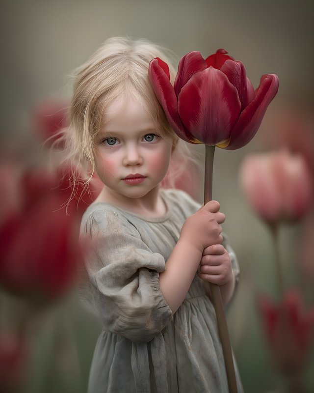 Child holds red flower in garden during springtime Free Premium Stock Photo - stock photo