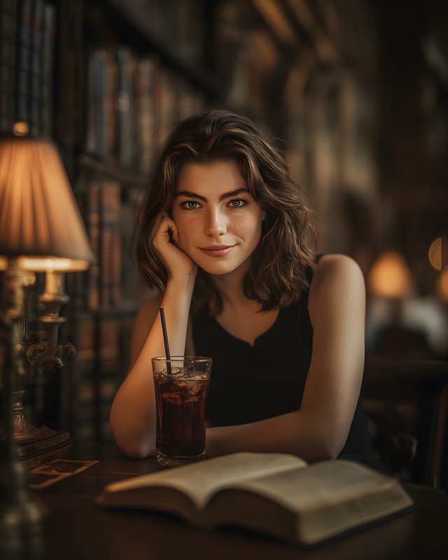 Woman sitting in library with drink and book on table Free Premium Stock Photo - stock photo