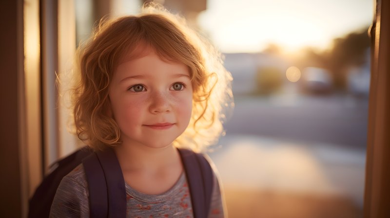 Young child with backpack at sunset in quiet setting Free Premium Stock Photo - stock photo