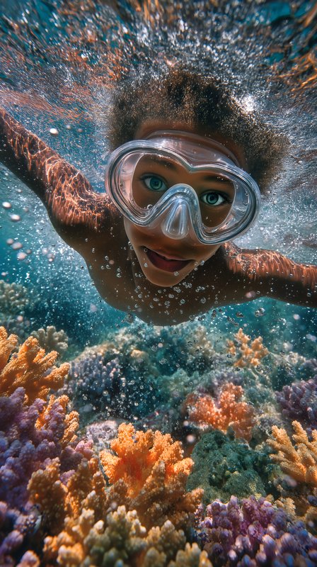 Child explores coral reef while snorkeling in clear water Free Premium Stock Image - stock photo