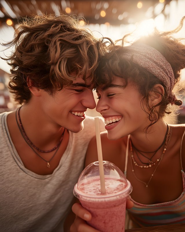 Young couple sharing a moment with a drink at sunset Free Premium Stock Photo - stock photo