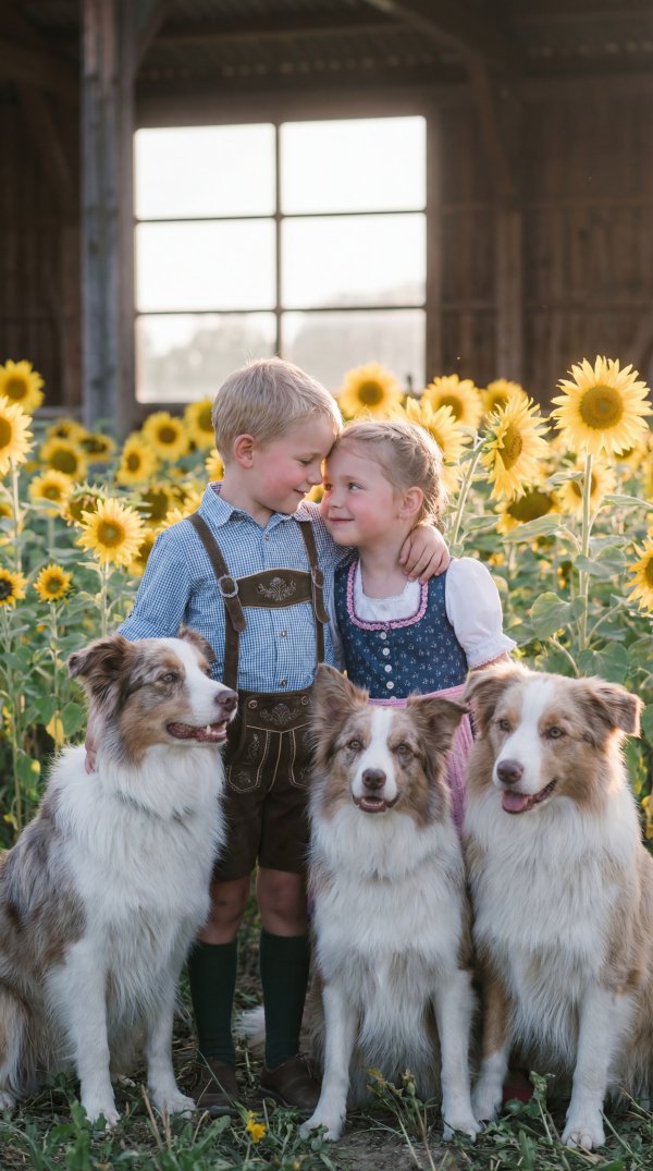 Kids with dogs in sunflower field during sunny day - stock photo