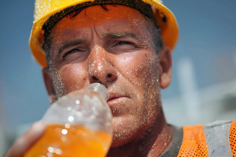 Sweaty construction worker rehydrates under hot sun Free Premium Stock Image - stock photo