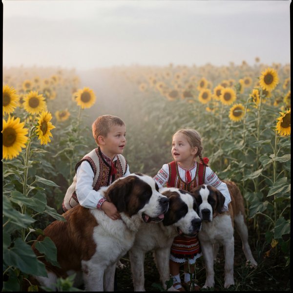Children play with dogs in a sunflower field during sunset - stock photo