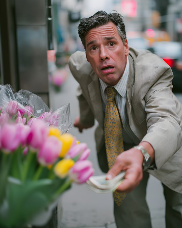 Man in suit reaches for flowers on busy street in city Free Premium Stock Image - stock photo