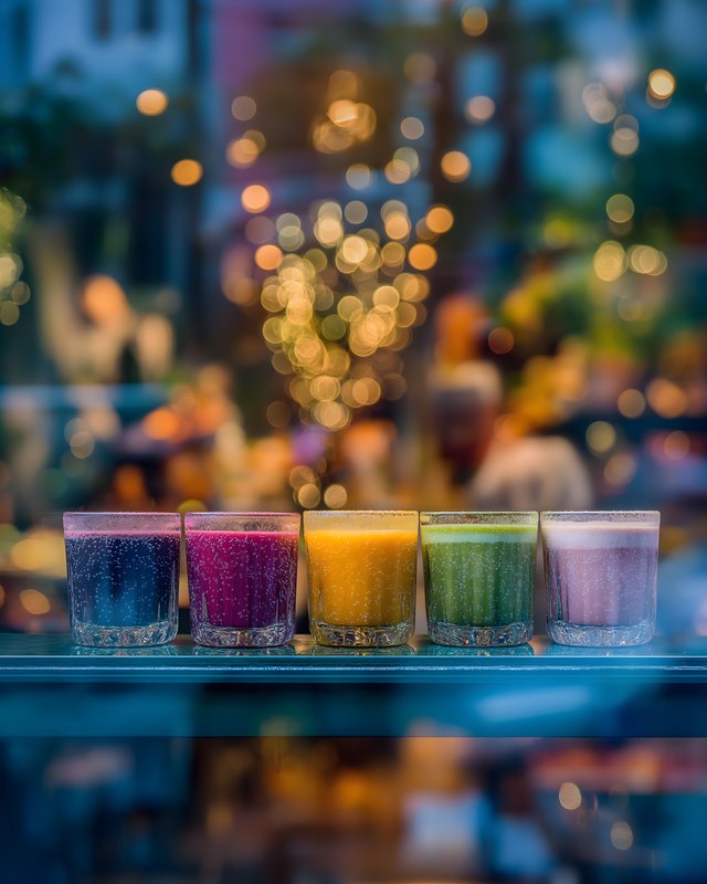 Colorful drinks line a glass shelf in a busy cafe setting Free Premium Stock Photo - stock photo