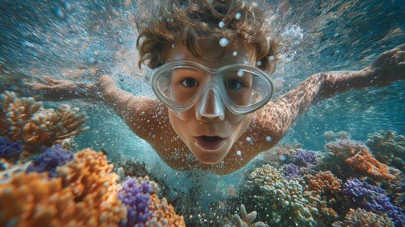 Boy swims underwater near coral reef in bright ocean water Free Premium Stock Image - stock photo