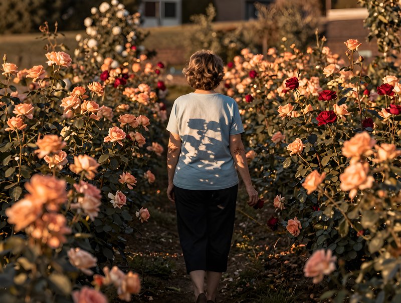 Walking through a garden filled with roses in the afternoon sun Free Premium Stock Image - stock photo