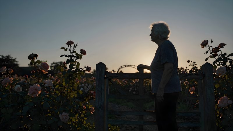 Woman stands by a gate in a rose garden at sunset Free Premium Stock Image - stock photo
