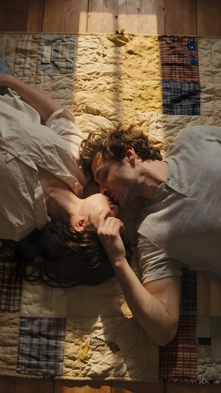 Couple shares a kiss on a quilt in warm morning light Free Premium Stock Photo - stock photo