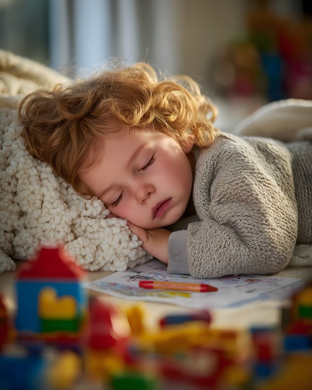Young child sleeps on a soft surface near colorful toys Free Premium Stock Photo - stock photo