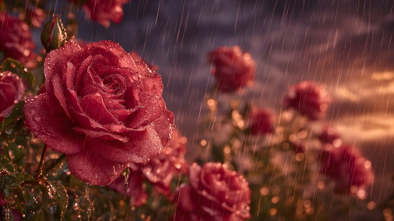 Roses in rain during sunset near a garden Free Premium Stock Image - stock photo