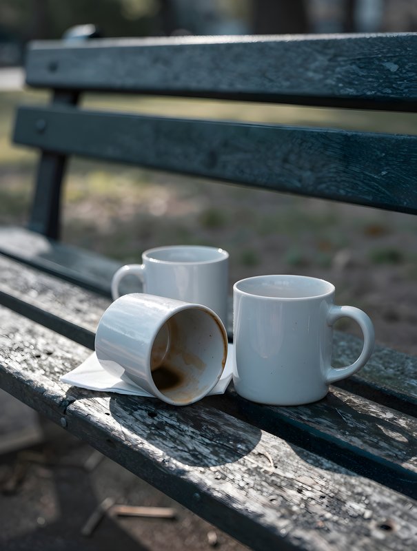 Cups sit on a park bench during the afternoon Free Premium Stock Image - stock photo