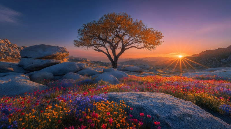 Sunrise over flowers and a tree in a rocky landscape Free Premium Stock Image - stock photo