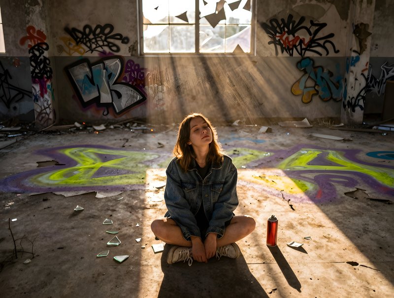 Girl sits on floor in urban space with graffiti art around Free Premium Stock Photo - stock photo