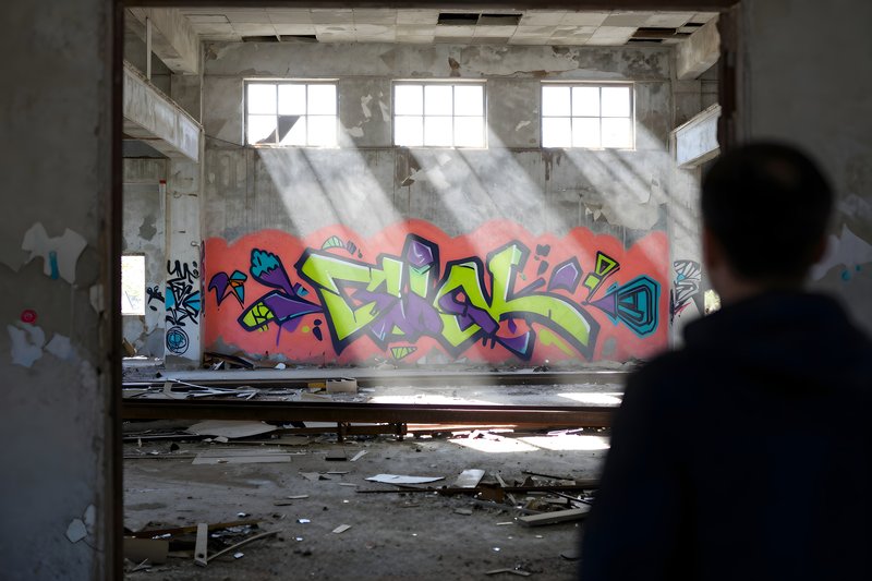Person observes graffiti in an old building during daylight Free Premium Stock Photo - stock photo