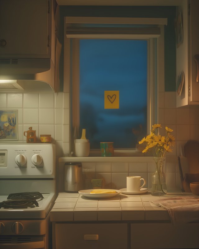 Morning scene in a kitchen with flowers and a heart note Free Premium Stock Image - stock photo