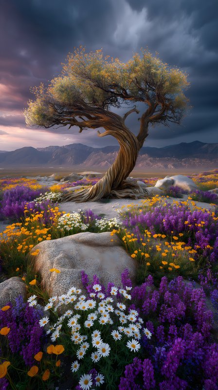Unique tree stands in a field of colorful flowers Free Premium Stock Image - stock photo