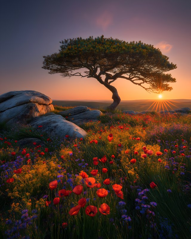 Sunrise over flowers and tree on a hill with rocks Free Premium Stock Image - stock photo