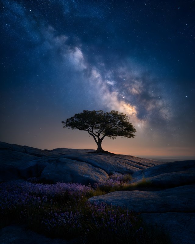 Night sky over a tree on a rocky landscape Free Premium Stock Image - stock photo