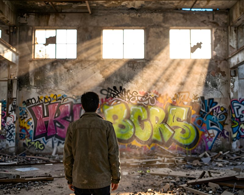 A person stands in a ruined building with graffiti on the walls Free Premium Stock Photo - stock photo