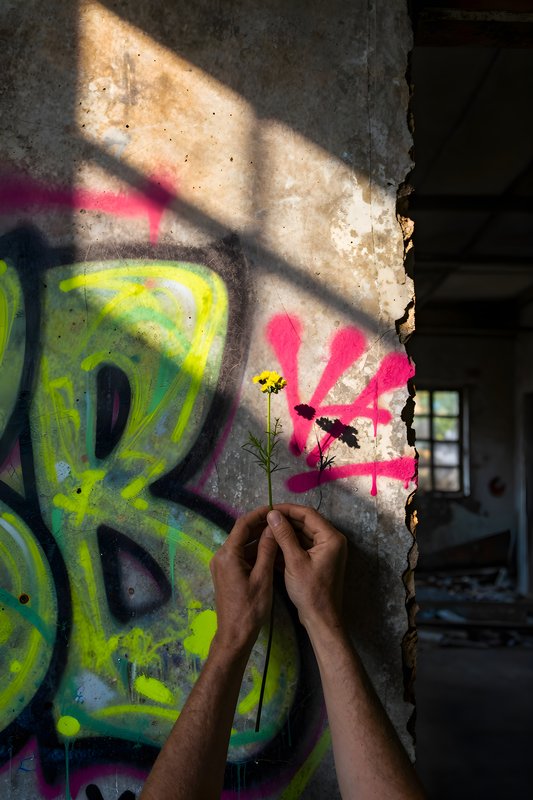 Hands hold flowers near a wall with colorful graffiti Free Premium Stock Photo - stock photo