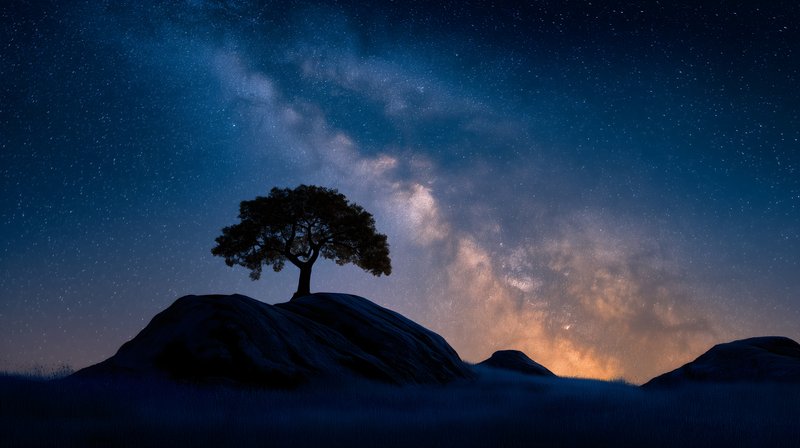 Night sky with a tree on a hilltop under stars Free Premium Stock Image - stock photo