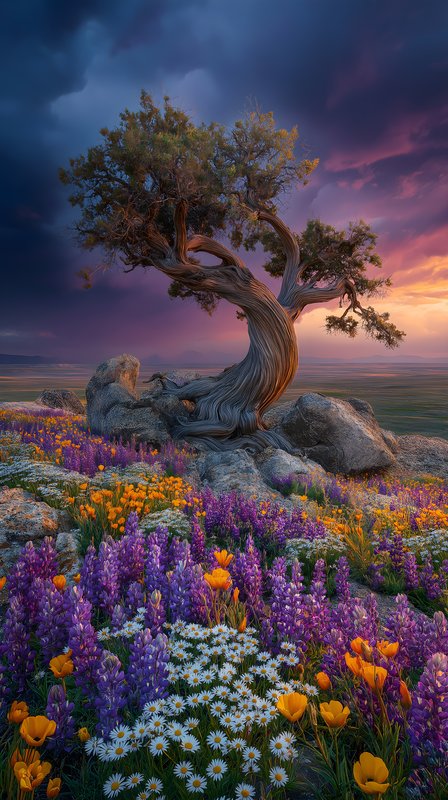 Flower field with a twisted tree on a rocky mountain at sunset Free Premium Stock Photo - stock photo
