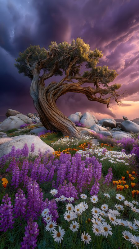 Colorful flowers and a twisted tree under a purple sky Free Premium Stock Image - stock photo