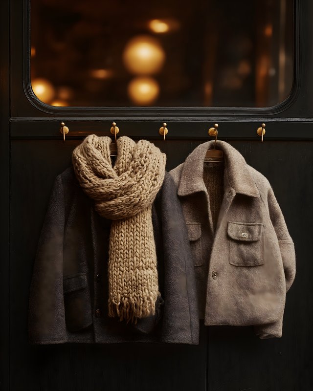 Cozy clothing on hooks in a warm indoor space Free Premium Stock Image - stock photo