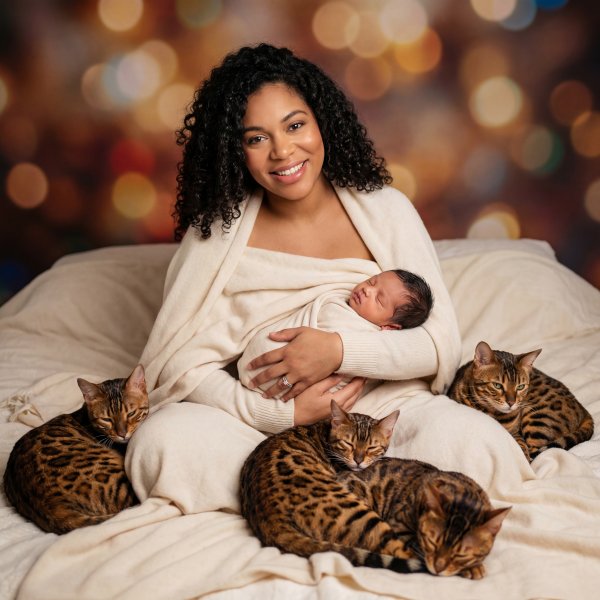 Mother holds baby surrounded by cats in a cozy setting indoors - stock photo