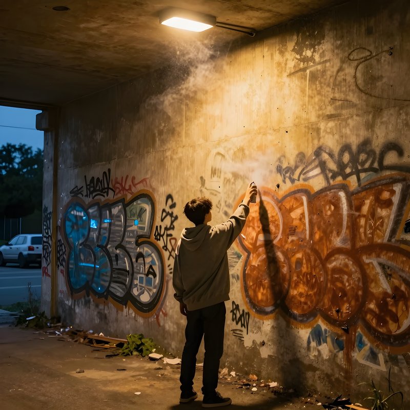 Young person sprays graffiti on a wall in an urban setting Free Premium Stock Image - stock photo