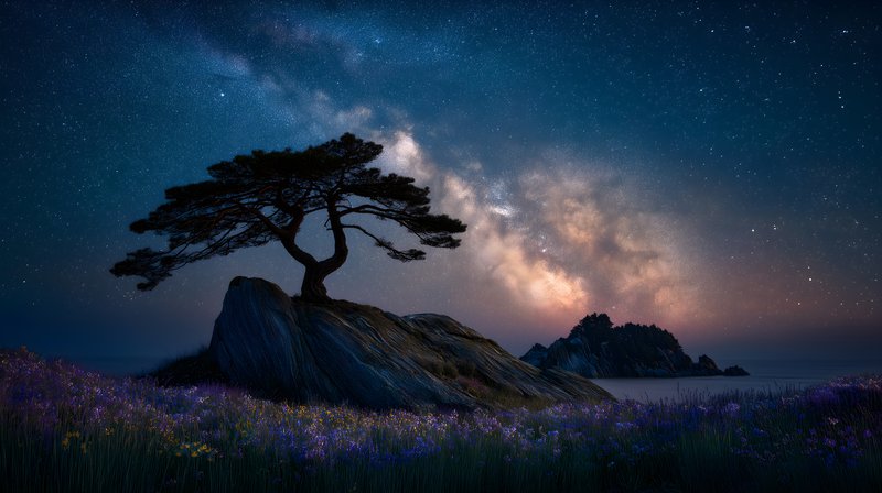 Night sky over a tree near the ocean and hills Free Premium Stock Image - stock photo