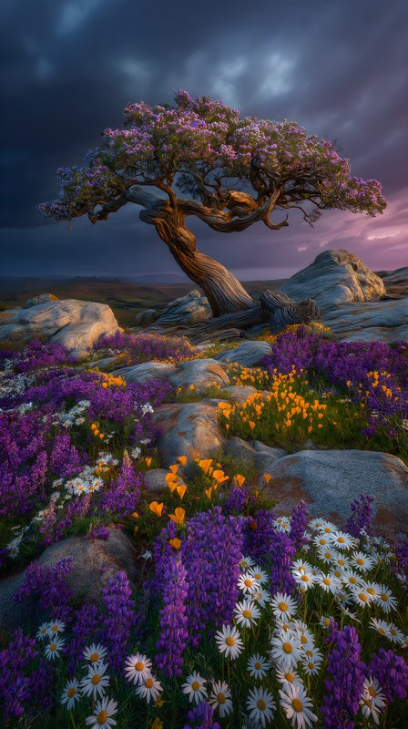 Flowers bloom around a lone tree at sunset Free Premium Stock Image - stock photo