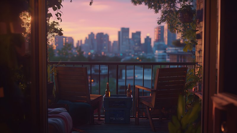 City view from balcony during sunset with empty chairs placed Free Premium Stock Photo - stock photo